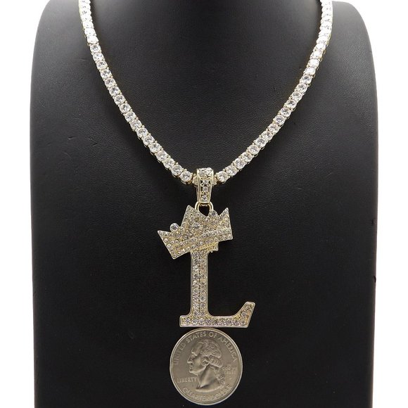 Initial Letter "L" Pendant Tennis Chain Necklace - Picture 1 of 10